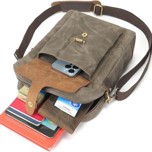 Vintage Waxed Canvas Messenger Bag for Men & Women, Lightweight Crossbody Sling - Picture 6 of 7